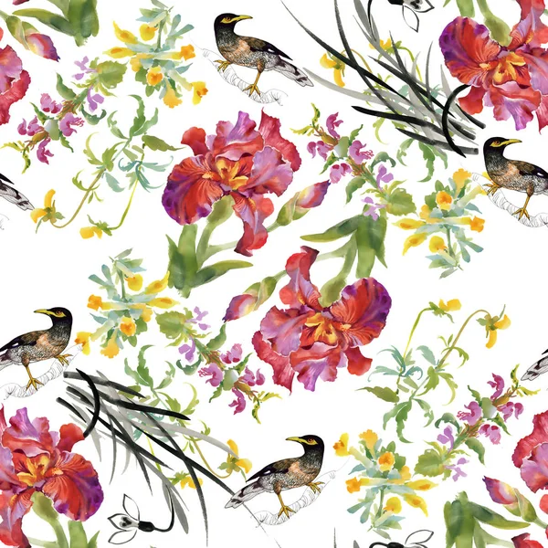 Όμορφο μοτίβο με τα λουλούδια και τα πουλιά — Φωτογραφία Αρχείου