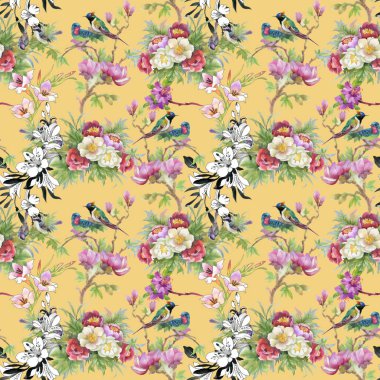 çiçekler ve kuşlar ile güzel desen