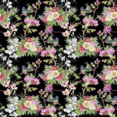 çiçekler ve kuşlar ile güzel desen