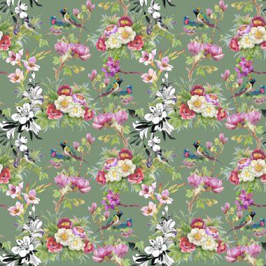 çiçekler ve kuşlar ile güzel desen