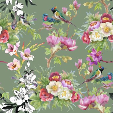 çiçekler ve kuşlar ile güzel desen