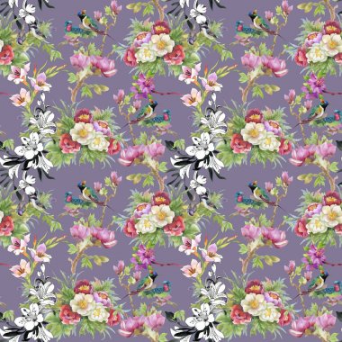 çiçekler ve kuşlar ile güzel desen