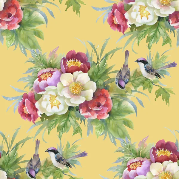 Belo padrão com flores e pássaros — Fotografia de Stock