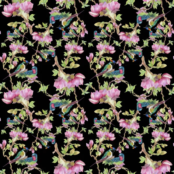 Schönes Muster mit Blumen und Vögeln — Stockfoto
