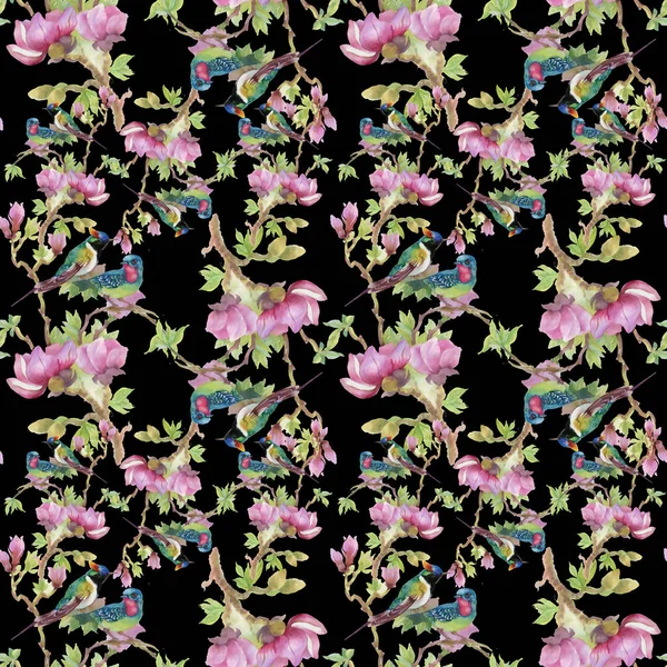 Beautiful pattern with flowers and birds — Stock Photo, Image