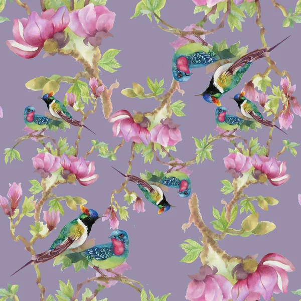 Beau motif avec des fleurs et des oiseaux — Photo