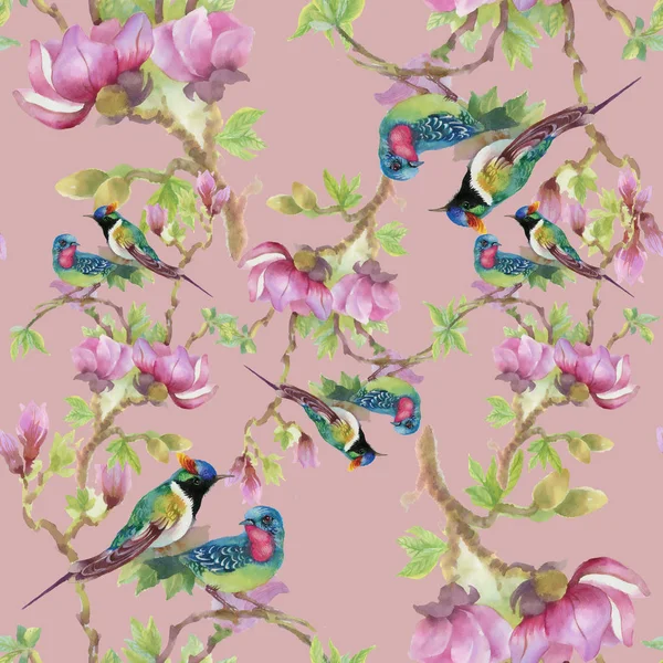 Beau motif avec des fleurs et des oiseaux — Photo