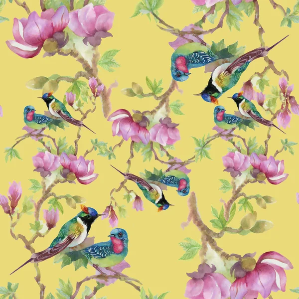 Beau motif avec des fleurs et des oiseaux — Photo