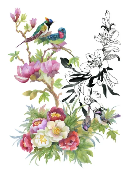 Krásný vzor s květinami a ptáky — Stock fotografie