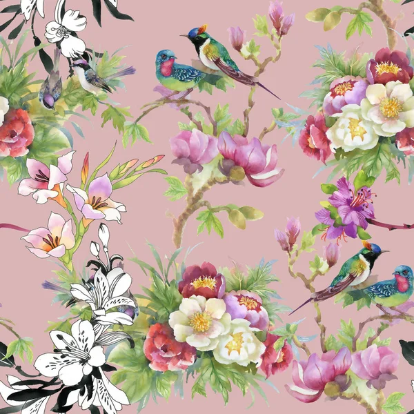 Beautiful pattern with flowers and birds — Stock Photo, Image