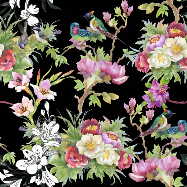 Beautiful pattern with flowers and birds — Stock Photo, Image