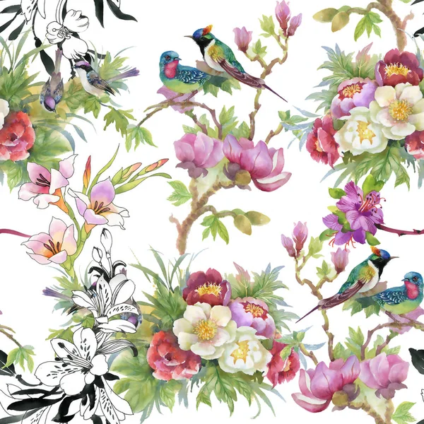 Beau motif avec des fleurs et des oiseaux — Photo