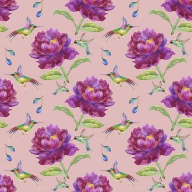 mor çiçekler ve kuşlar ile desen 