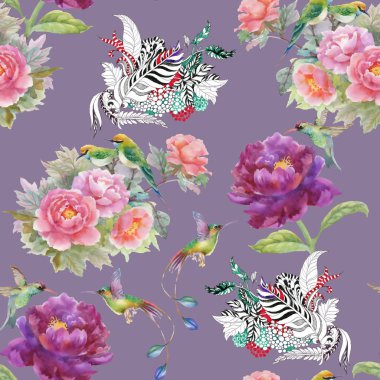 çiçek, tüyler ve kuşlar ile desen 