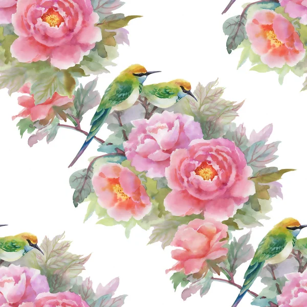 Pattern with pink roses and birds — Stock Photo, Image