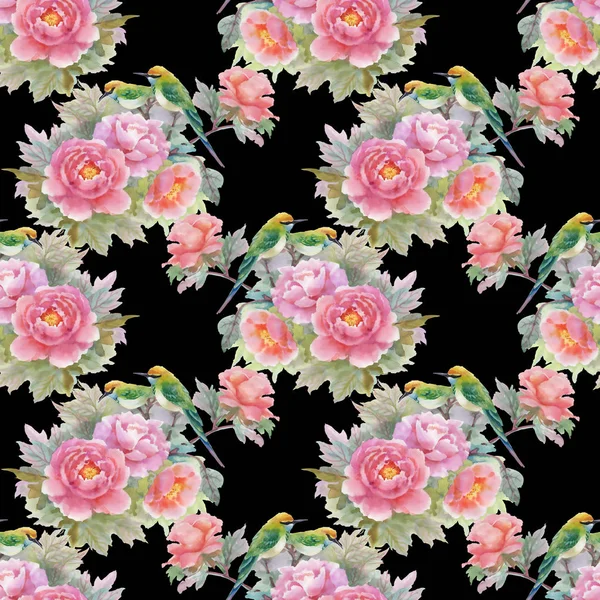 Patroon met roze rozen en vogels — Stockfoto
