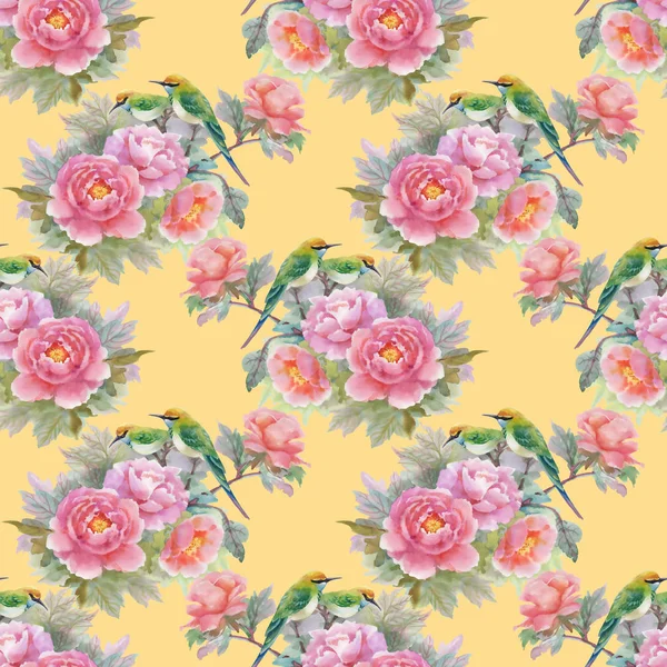 Pattern with pink roses and birds — Stock Photo, Image