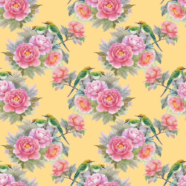 pattern with pink roses and birds