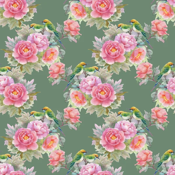 Pattern with pink roses and birds — Stock Photo, Image