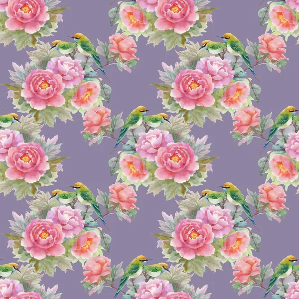 Mønster med rosa roser og fugler – stockfoto