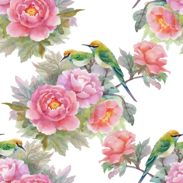 Motif avec roses roses et oiseaux — Photo