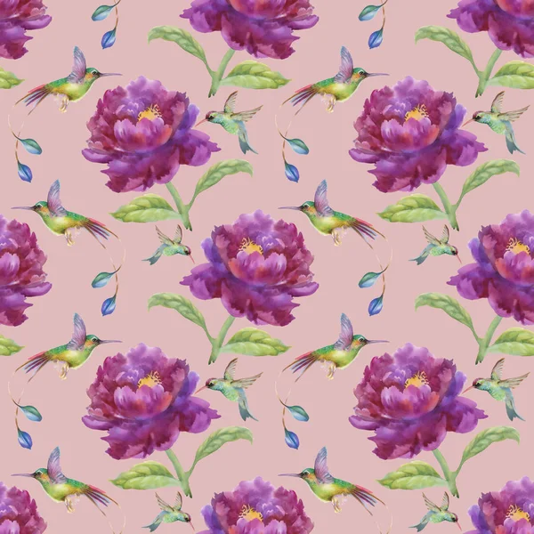 Wzór z purpurowe kwiaty i ptaki — Zdjęcie stockowe