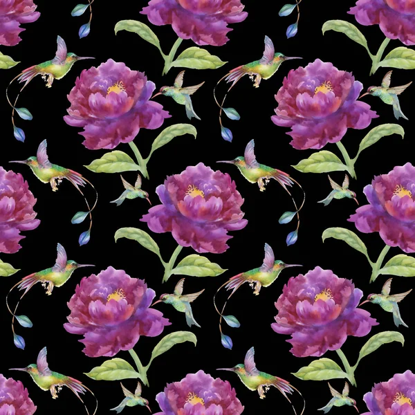 Modello con fiori viola e uccelli — Foto Stock