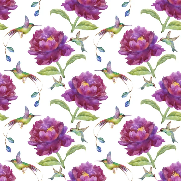 Motif avec des fleurs violettes et des oiseaux — Photo