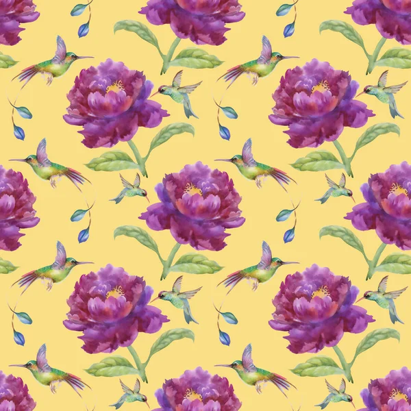 Pattern with purple flowers and birds — Stock Photo, Image