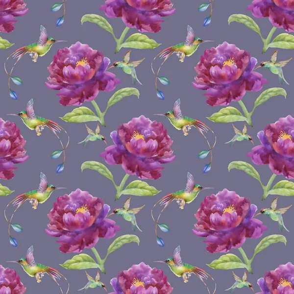pattern with purple flowers and birds