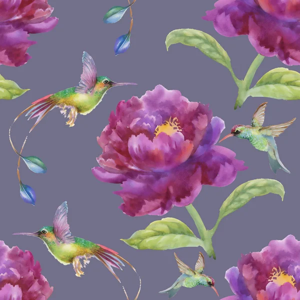 Mor çiçekler ve kuşlar ile desen — Stok fotoğraf