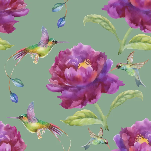 Mor çiçekler ve kuşlar ile desen — Stok fotoğraf