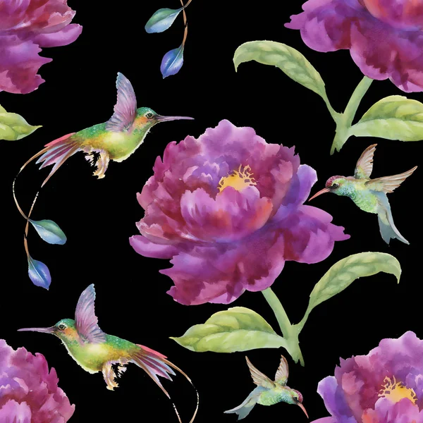 pattern with purple flowers and birds