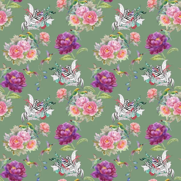 Pattern with  flowers,feathers and birds — Stock Photo, Image