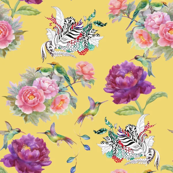 pattern with  flowers,feathers and birds