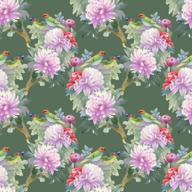 pembe peonies ve renkli kuşlar 