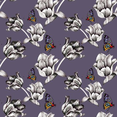 Çiçekler ve renkli kelebekler