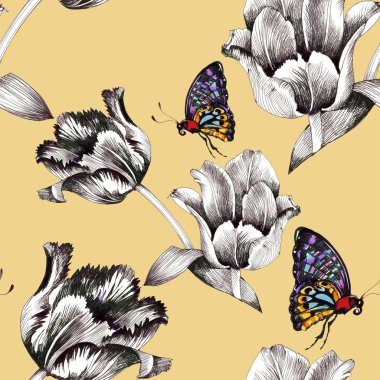 Çiçekler ve renkli kelebekler