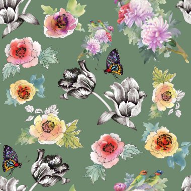 çiçekler ve kelebekler ile modaya uygun desen