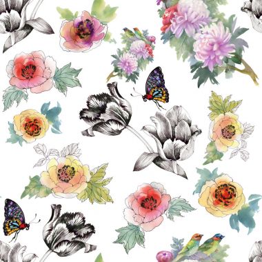 çiçekler ve kelebekler ile modaya uygun desen