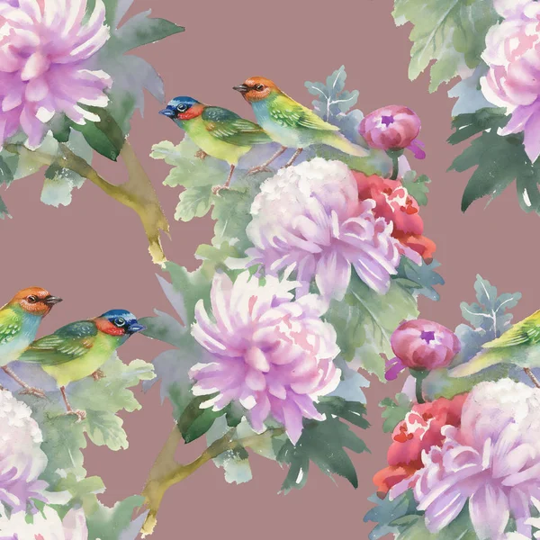 ピンク牡丹とカラフルな鳥 — ストック写真