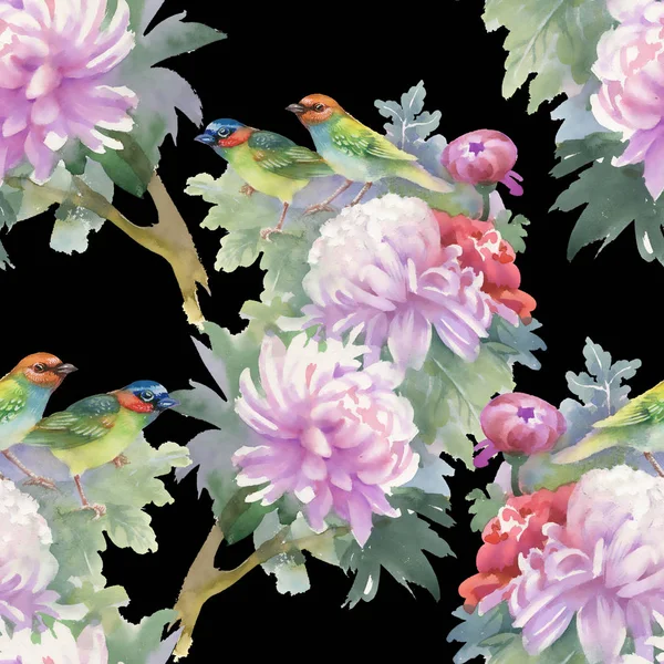 Pink peonies and colorful birds — Stock Photo, Image