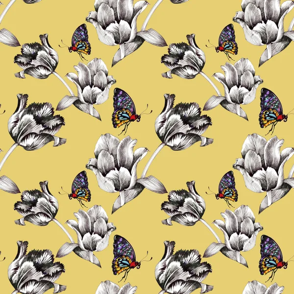 鲜花和五颜六色的蝴蝶的模式 — 图库照片