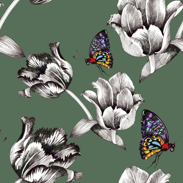Modello di fiori e farfalle colorate — Foto Stock