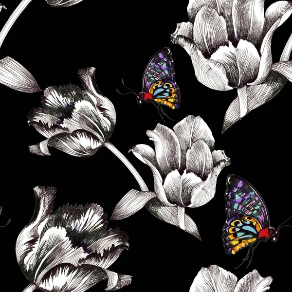 Çiçekler ve renkli kelebekler — Stok fotoğraf