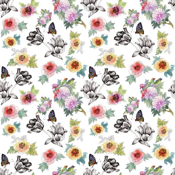 Модный узор с цветами и бабочками — стоковое фото