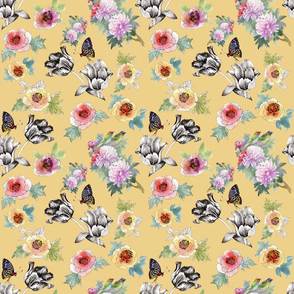 Trendy  pattern with flowers and butterflies — Stock Photo, Image