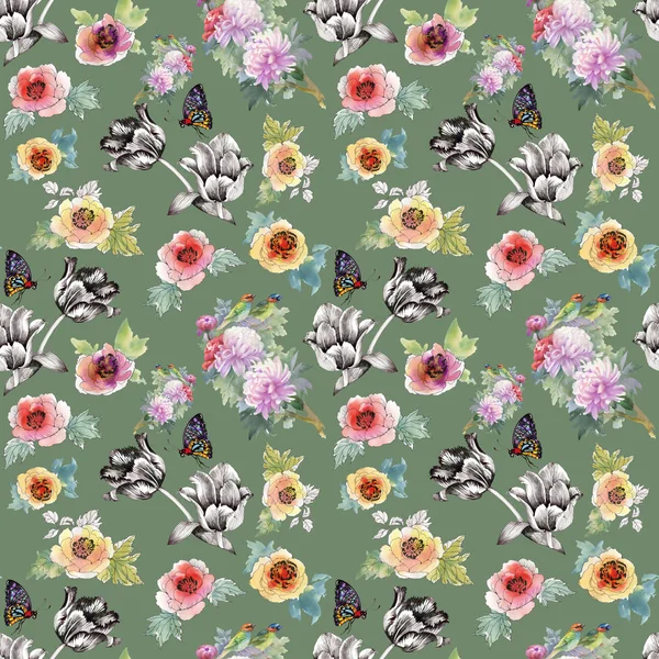 Trendy  pattern with flowers and butterflies — Stock Photo, Image