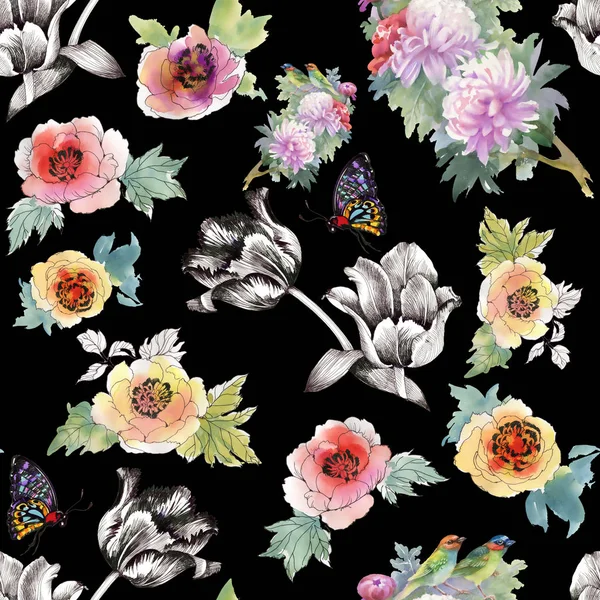 Trendy patroon met bloemen en vlinders — Stockfoto
