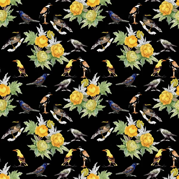 Peonie gialle e uccelli diversi — Foto Stock